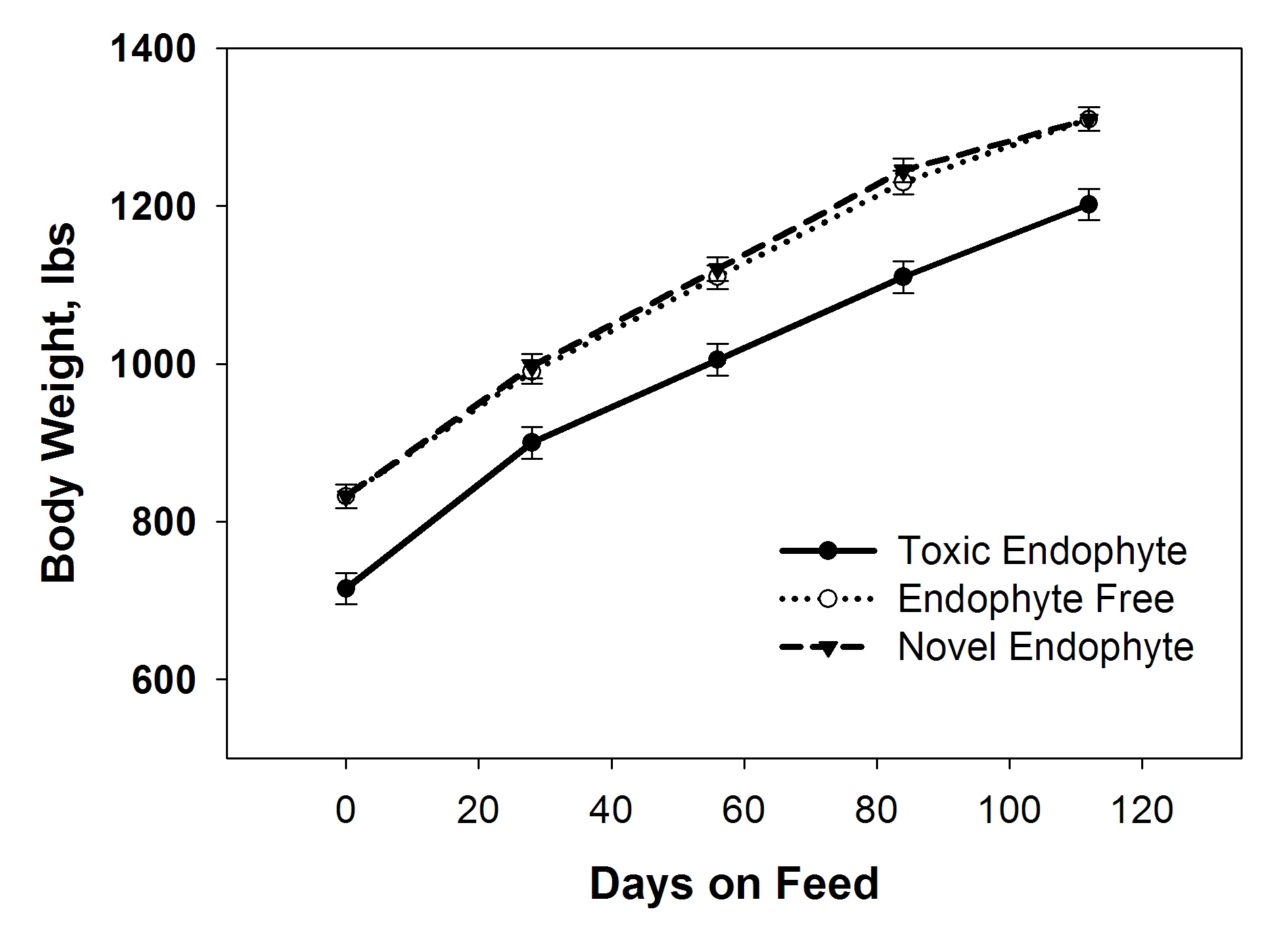 Figure 5. Subsequent feedlot performance of cattle that grazed toxic, endophyte-free, and novel tall fescue during the stocker phase. Cattle originally grazed pastures in Eatonton and Calhoun, Ga., and were finished in Stillwater, Okla. (Duckett et al., 2001).
